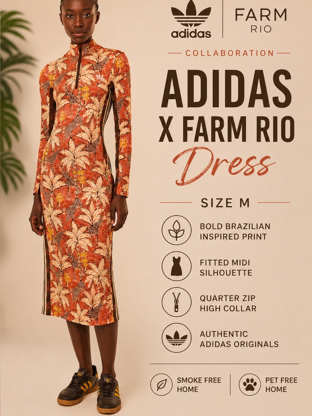 adidas Orange Floral-Print Long-Sleeve Midi Dress